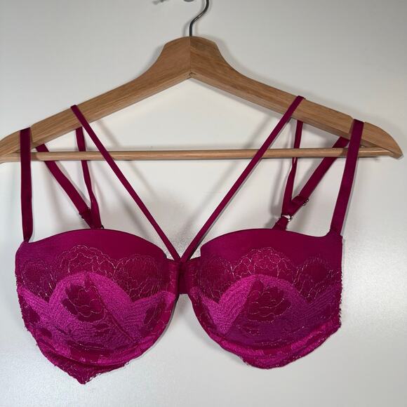 Victoria’s Secret Very Sexy Push Up Bra 34C Metallic Fuchsia Pink Lace Underwire - Picture 13 of 13